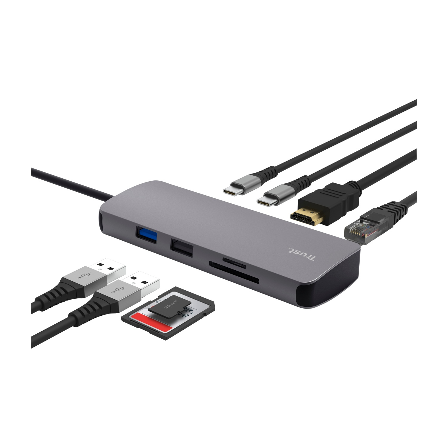 Un adattatore multi-porta grigio con vari cavi e porte. Vengono mostrate anche una scheda SD e unità USB.