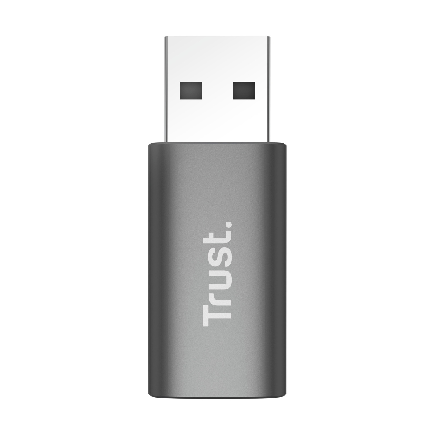 Adattatore USB grigio con logo Trust sul davanti. Connettore USB in alto.