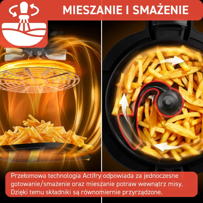 Frytownica powietrzna z frytkami w środku. Obraz pokazuje technologię mieszania i smażenia.
