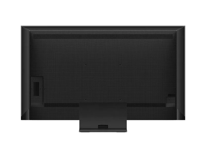 Rückseite eines schwarzen Fernsehers mit schwarzem Ständer. Nahaufnahme.