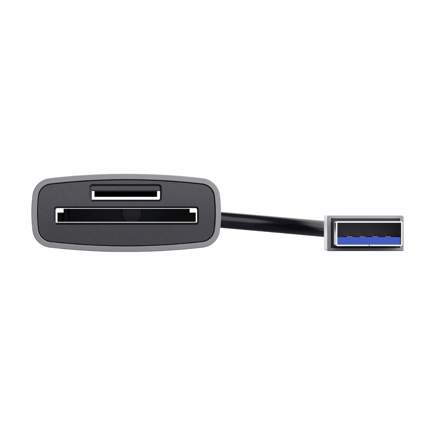 Un lettore di schede USB-C con cavo nero e connettore USB, su una superficie bianca.