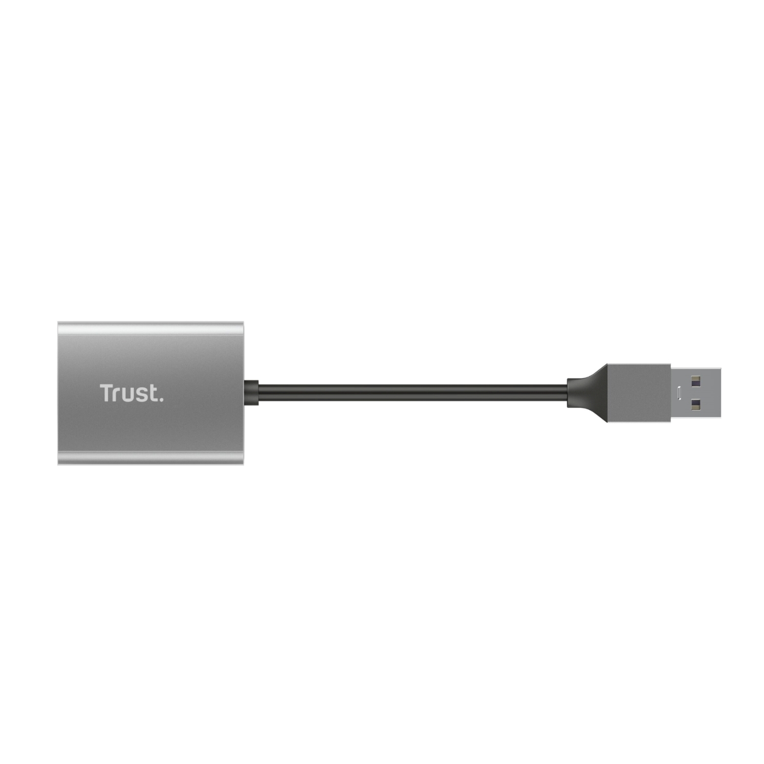 Un adattatore USB grigio con un connettore USB-A e una porta USB-C. Il marchio Trust è sull'adattatore.