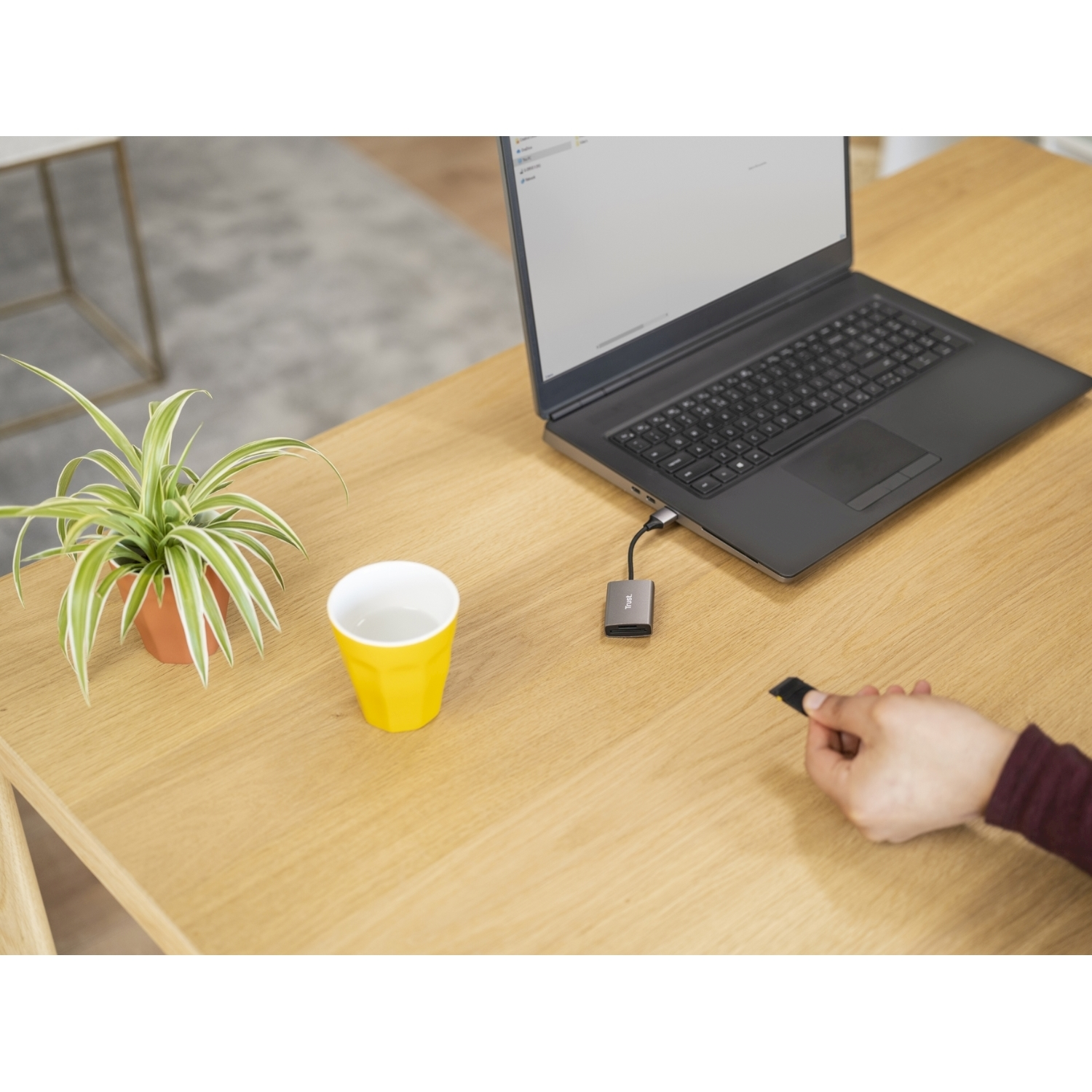 Laptop su tavolo di legno con una pianta e una tazza gialla. Un adattatore USB è collegato.