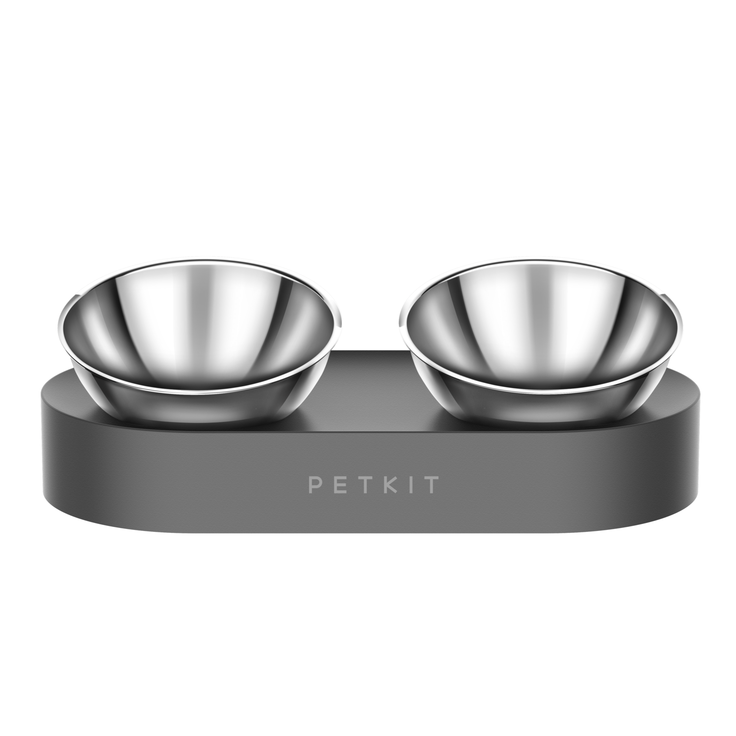 Two stainless steel pet food bowls on a dark grey base. PETKIT is printed on the base.