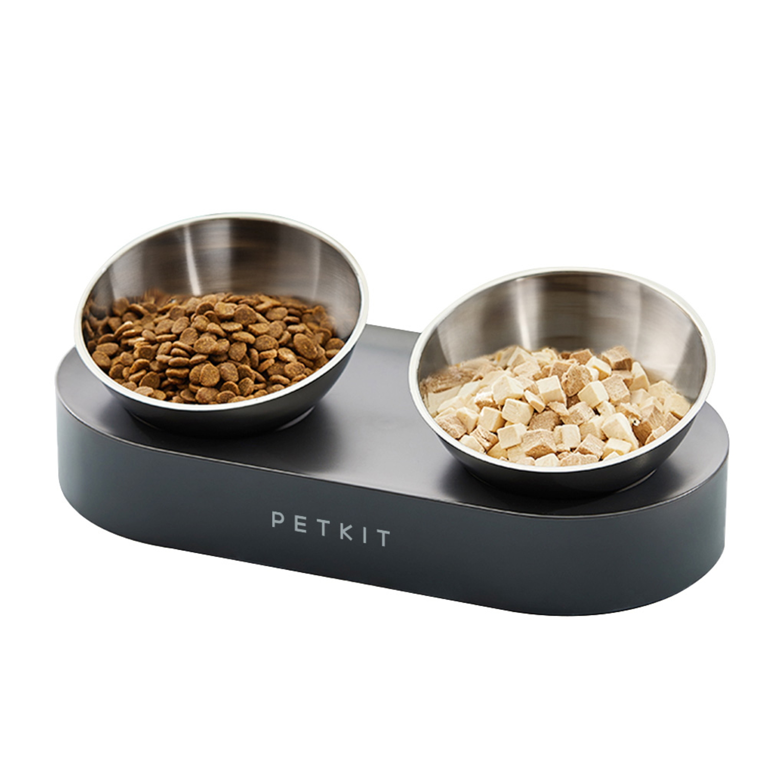 A pet food bowl with two stainless steel bowls on a dark gray base, one with kibble, one with food cubes.