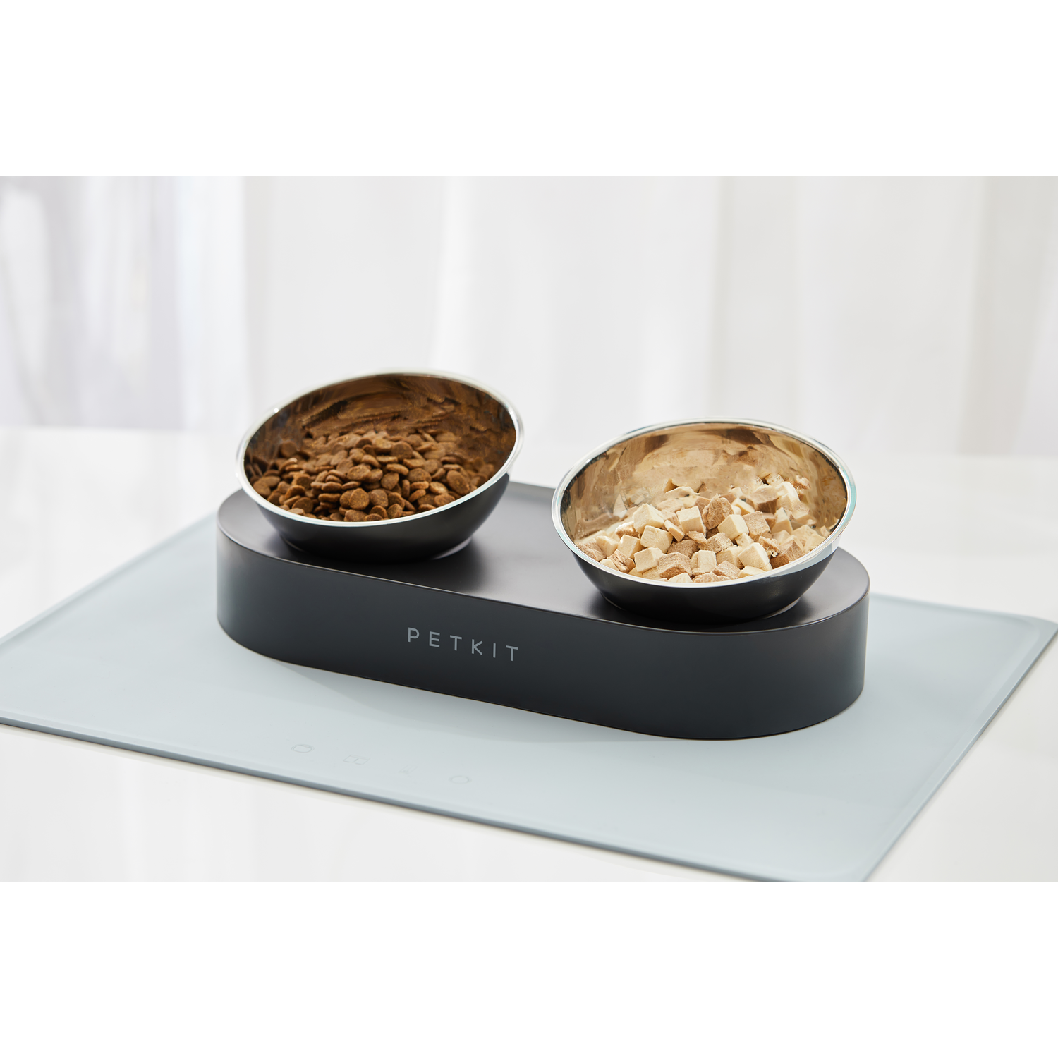 Pet bowls on a gray mat, one with kibble, one with diced food.