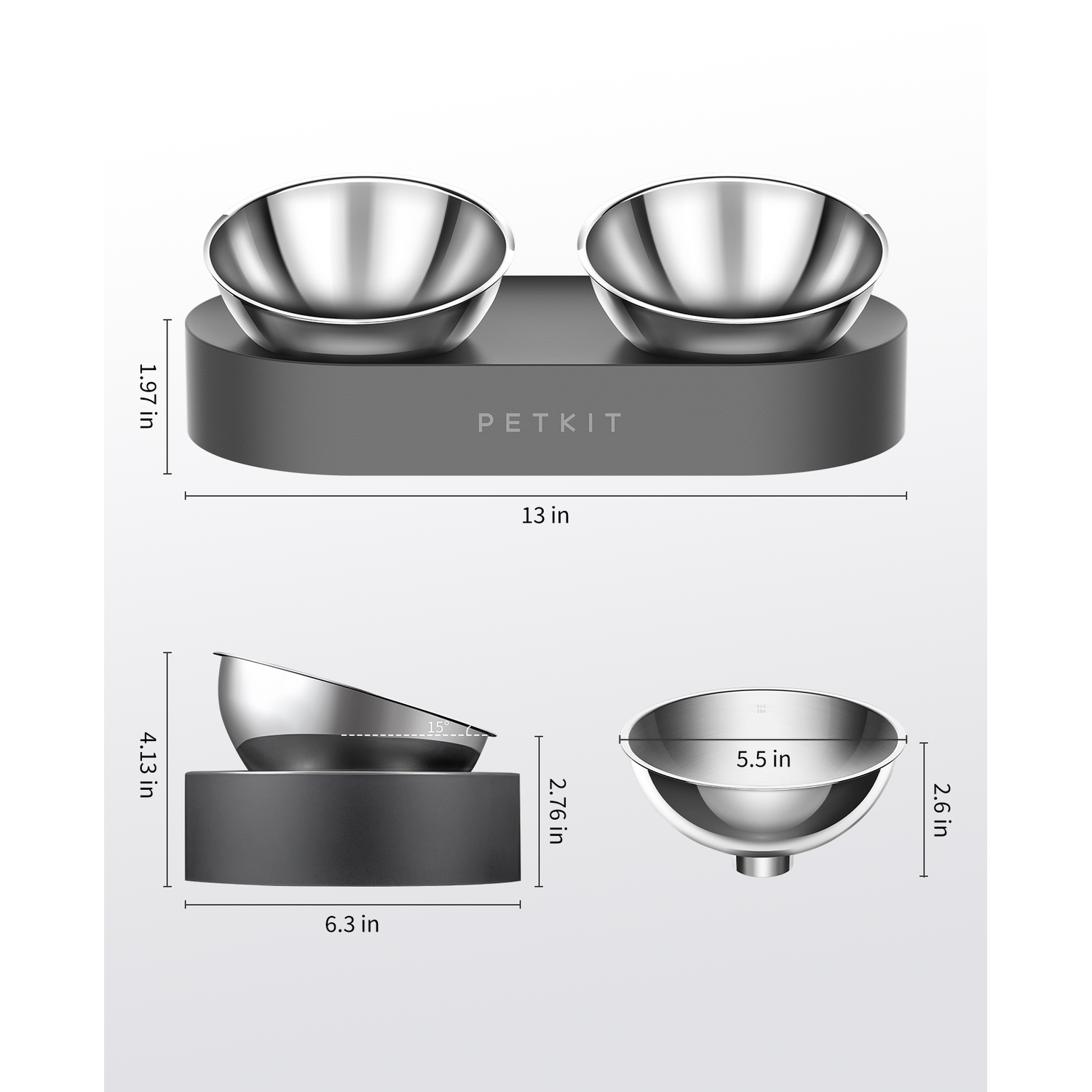 A dual pet bowl set on a gray base, with measurements and the 'PETKIT' logo.