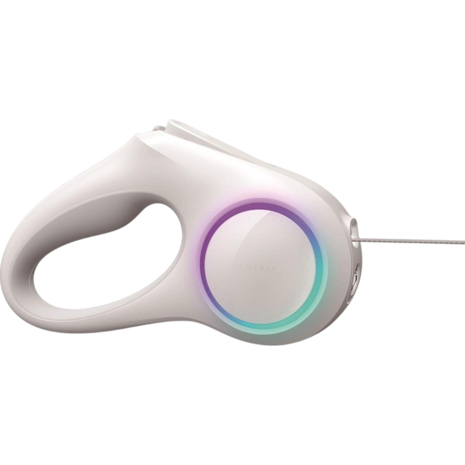 Witte riem met een kleurrijk ringlicht. De riem heeft een handvat en een lijn die eruit komt.