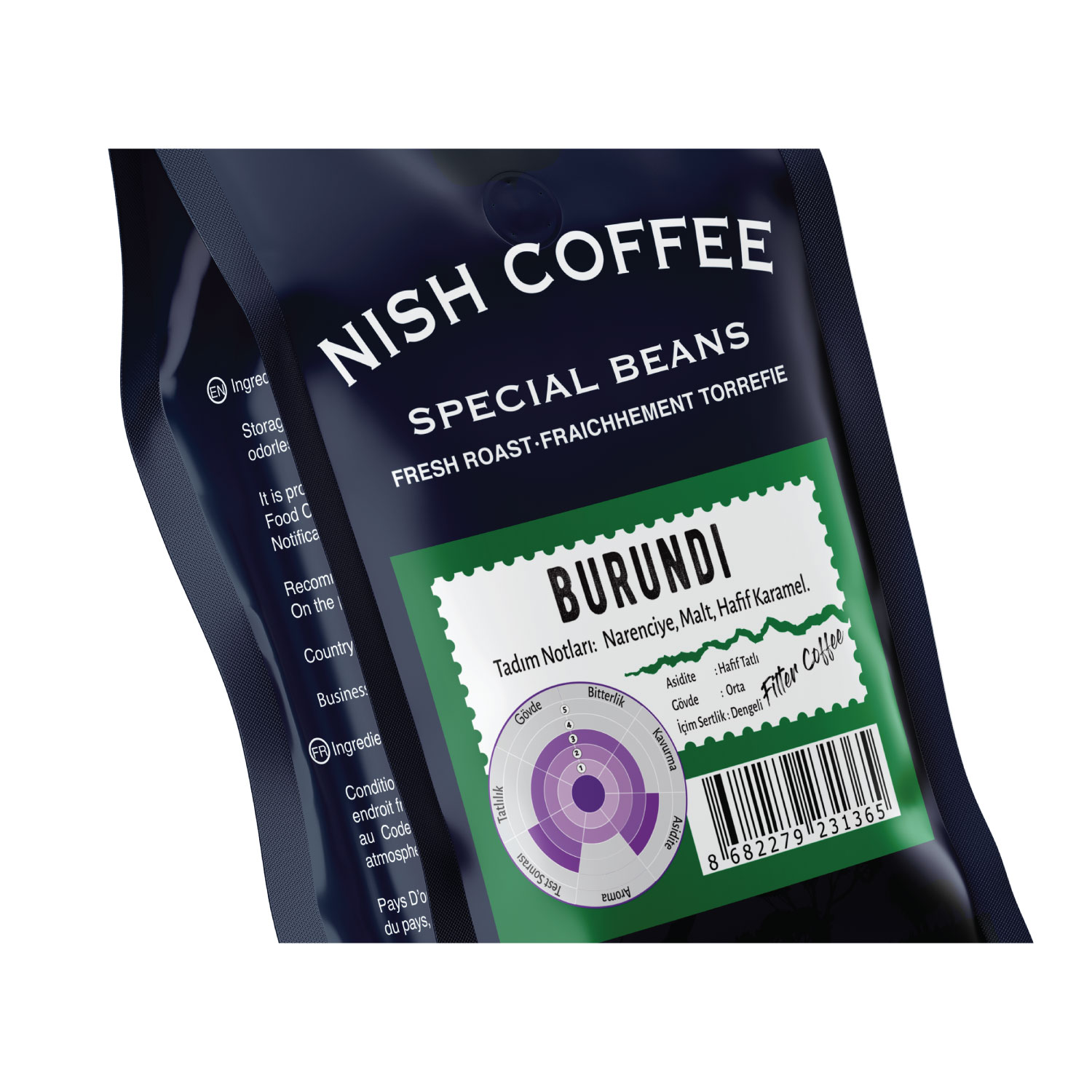 'Nish Coffee, Special Beans, Burundi' yazılı kahve paketi.