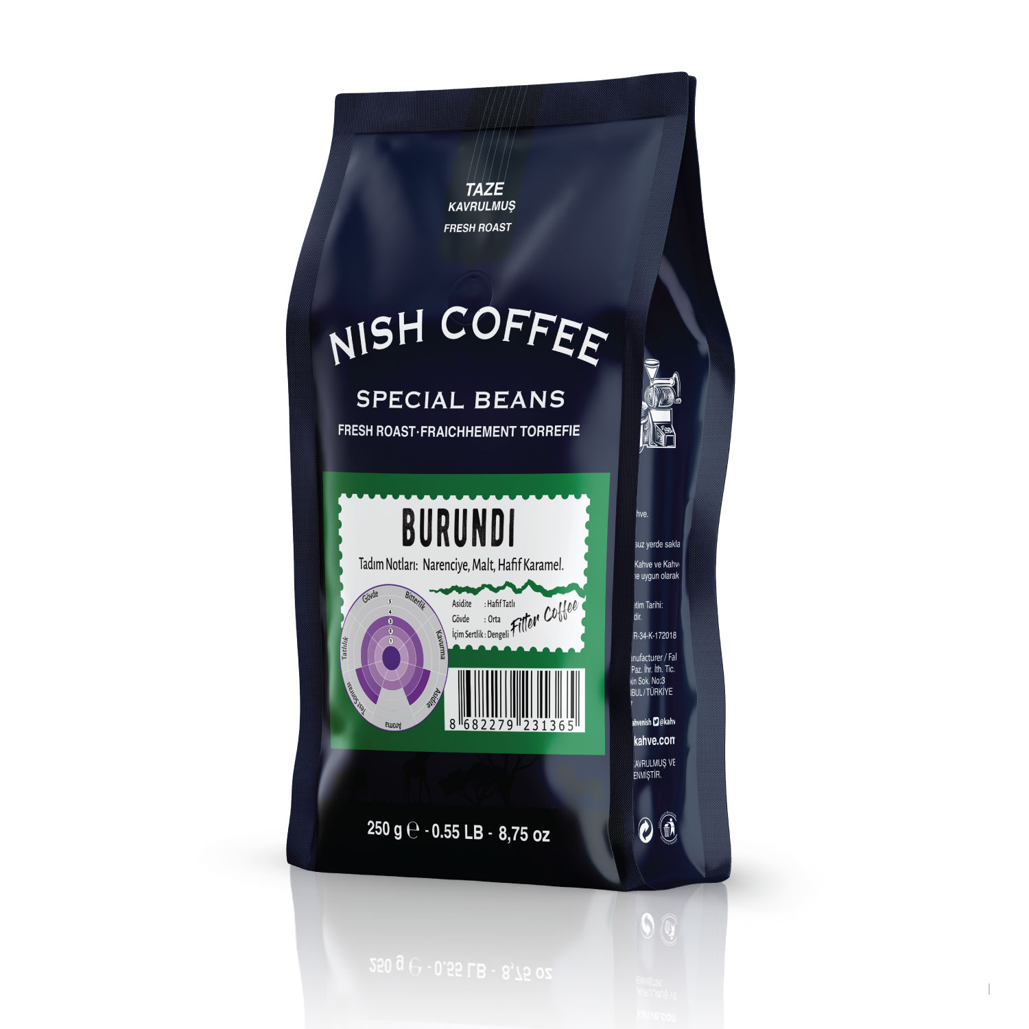 Bir Nish Coffee poşeti, taze kavrulmuş, özel çekirdekler ve kahve bilgileri gösteriyor.