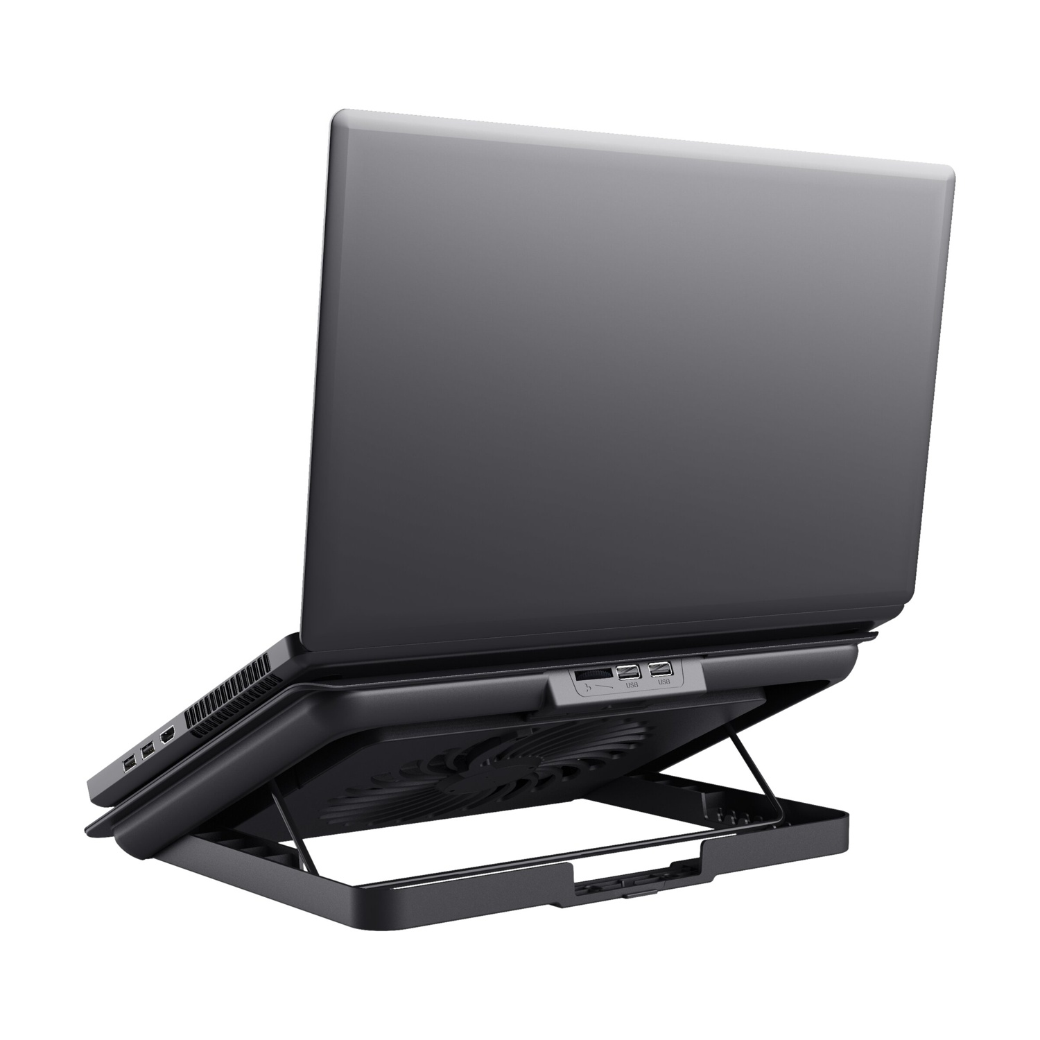 Laptop su base di raffreddamento nera. Base con ventola e porte USB. Laptop aperto, schermo rivolto verso l'alto.