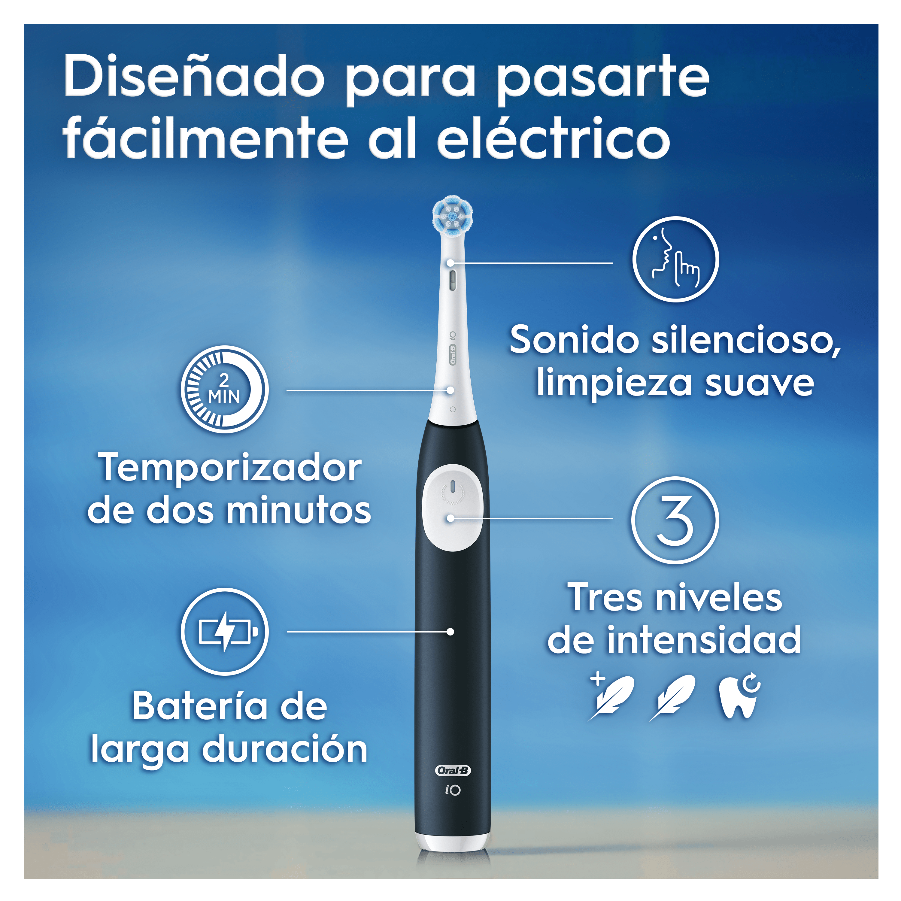 Cepillo de dientes eléctrico con funciones etiquetadas. Temporizador, batería y modos.