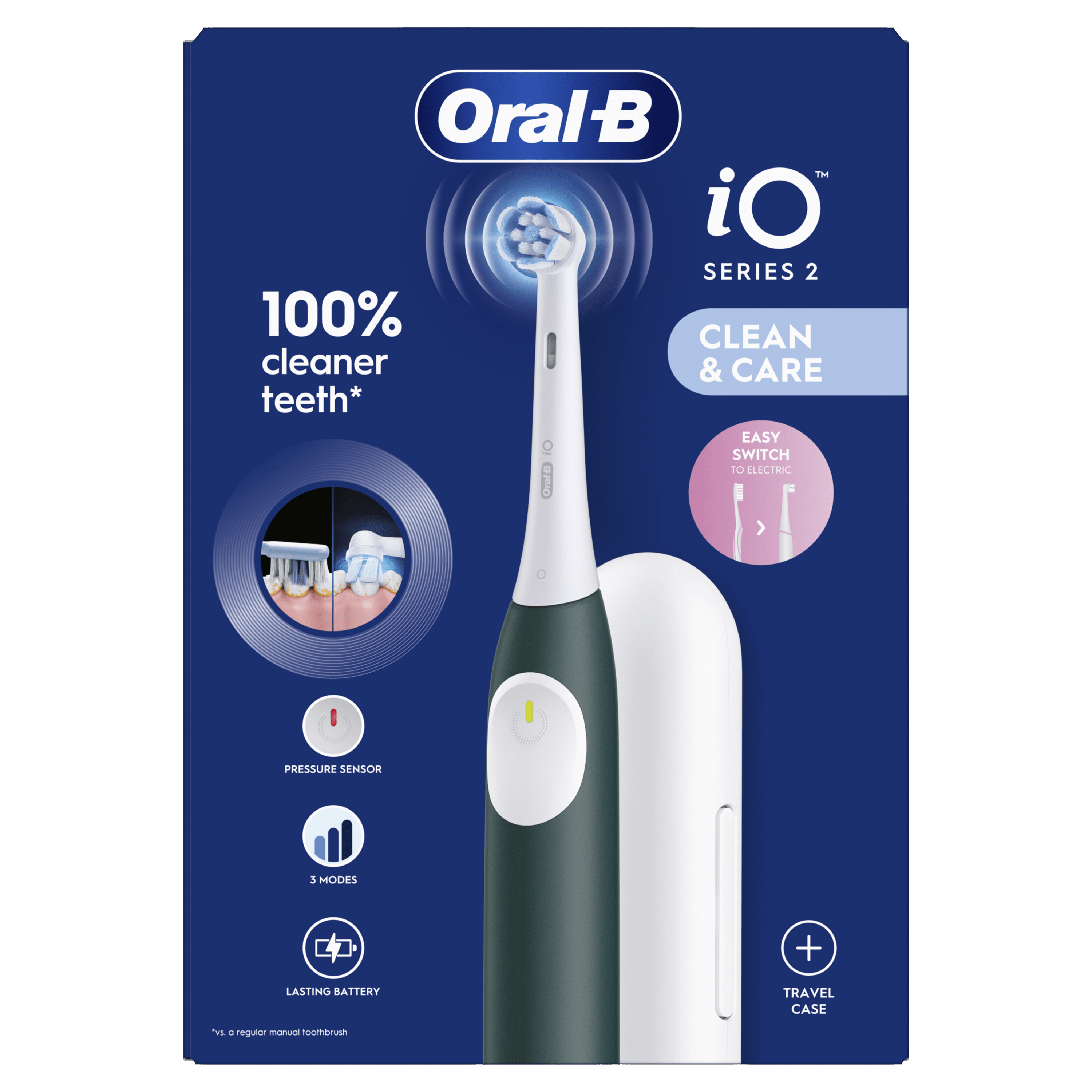 Una caja de cepillo de dientes eléctrico Oral-B iO Series 2, con imágenes y texto sobre limpieza y cuidado.