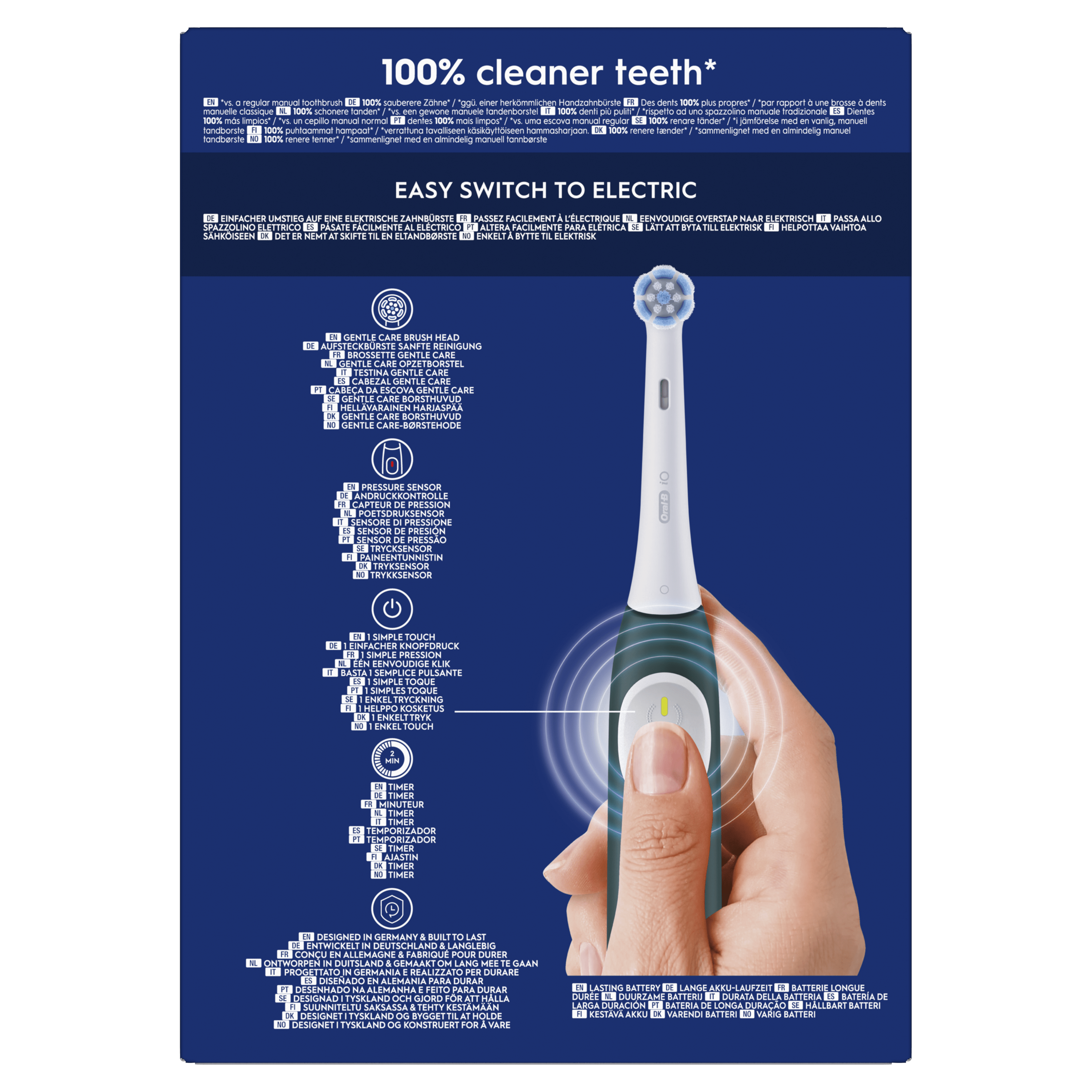 Un cepillo de dientes eléctrico Oral-B con mango blanco y verde, con texto e iconos.