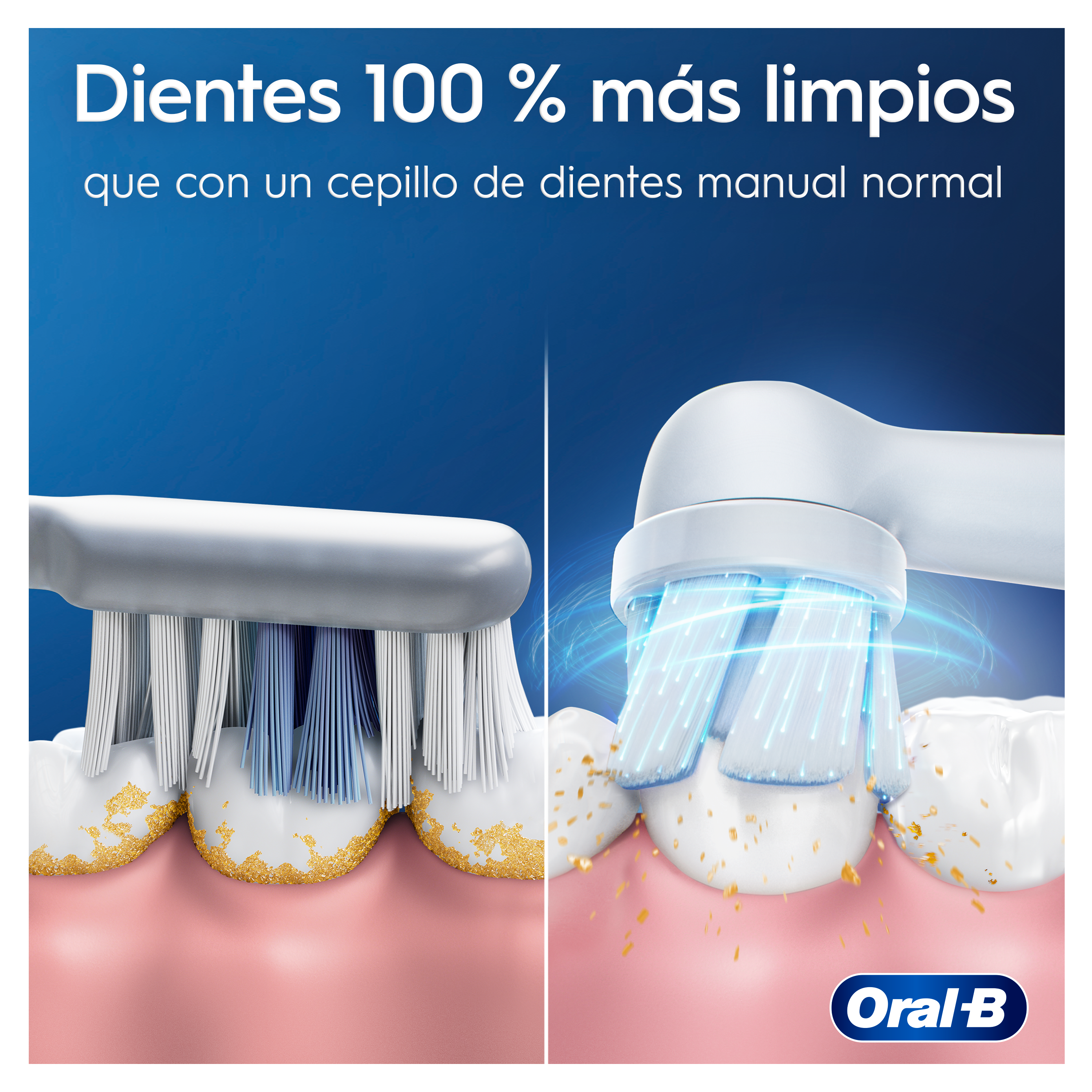Primer plano de una comparación de cabezales de cepillo de dientes, que muestra la efectividad de la limpieza, con el logo de Oral-B.