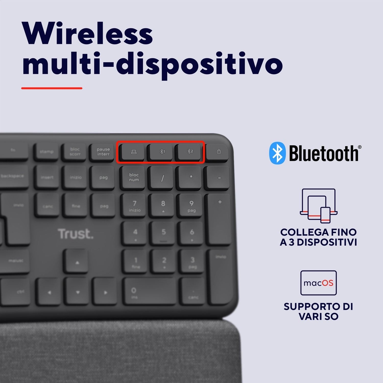 Tastiera wireless con pulsanti evidenziati, simbolo Bluetooth e testo: multi-dispositivo.