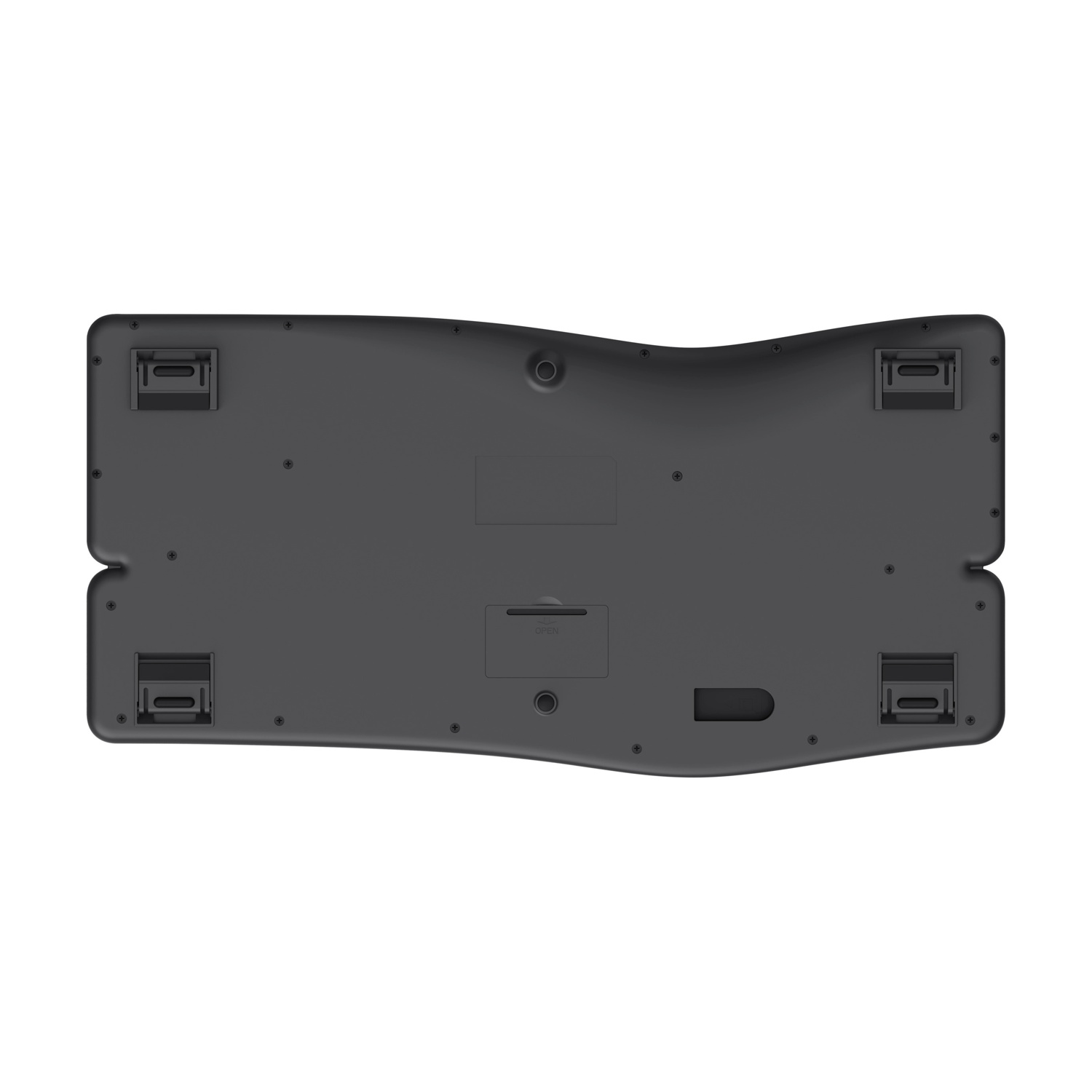 Parte inferiore di una tastiera ergonomica grigio scuro con design curvo, con piedini di supporto.