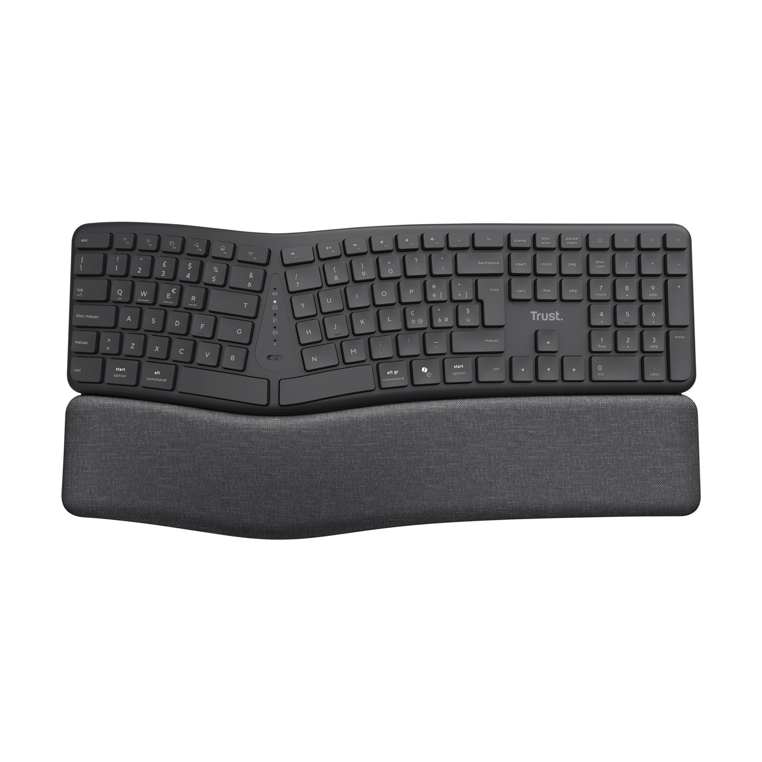Tastiera ergonomica Trust nera con poggiapolsi grigio.
