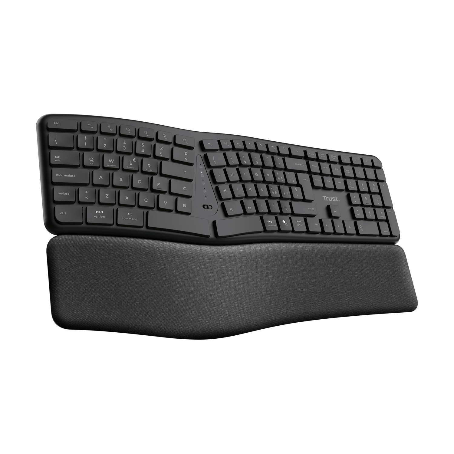 Tastiera ergonomica nera con poggiapolsi, progettata per una digitazione confortevole.