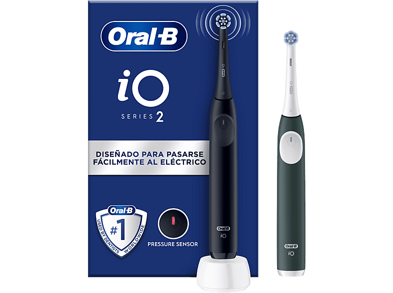 Oral-B iO 2, Pack de dos cepillos eléctricos, 2 cabezales, Diseñados por Braun, Negro Noche y Verde Bosque
