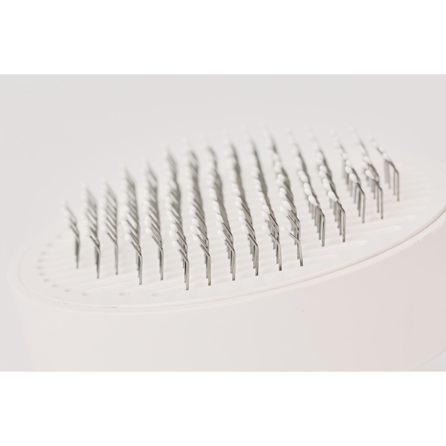 Close-up of a white pet brush with multiple metal pins in a circular pattern.
