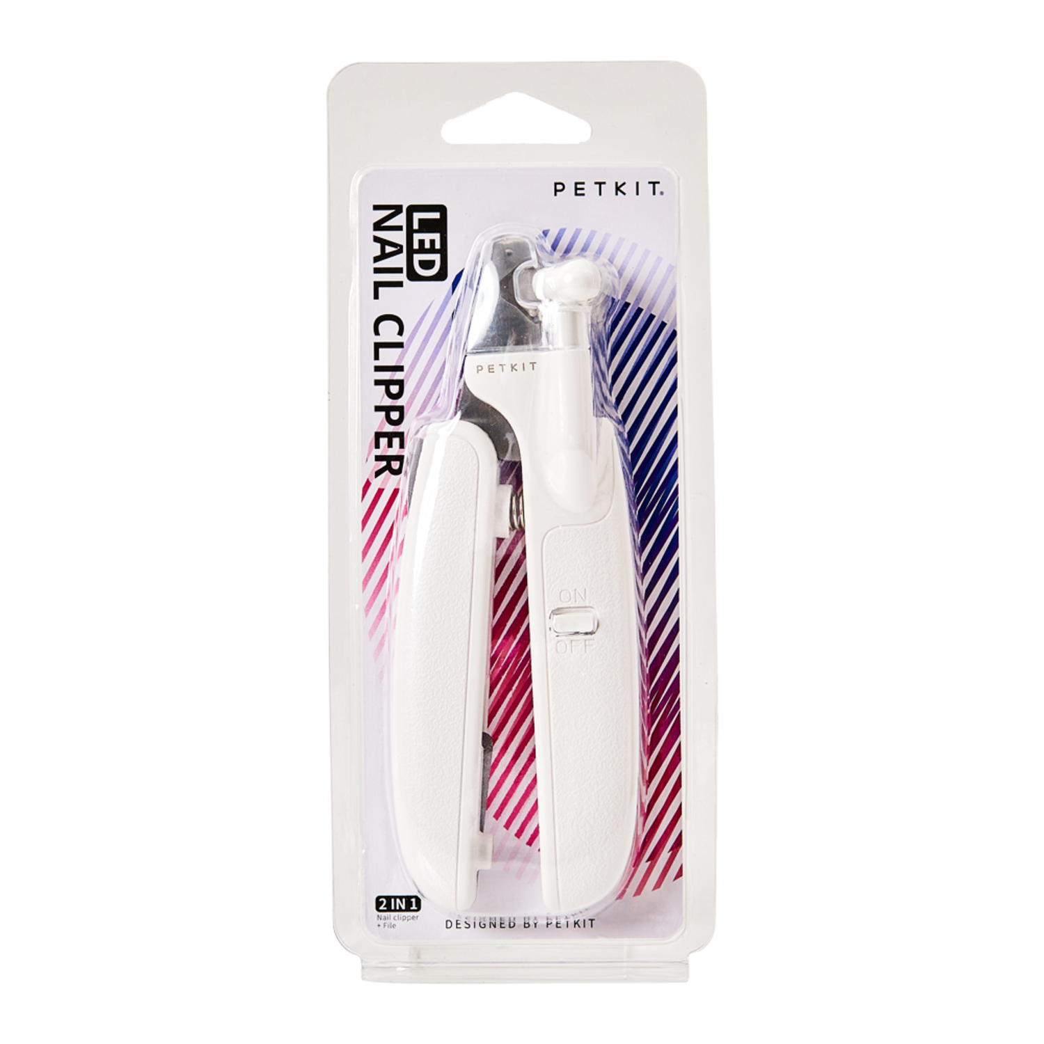 White pet nail clipper in a clear plastic package. It has a white handle and blades.