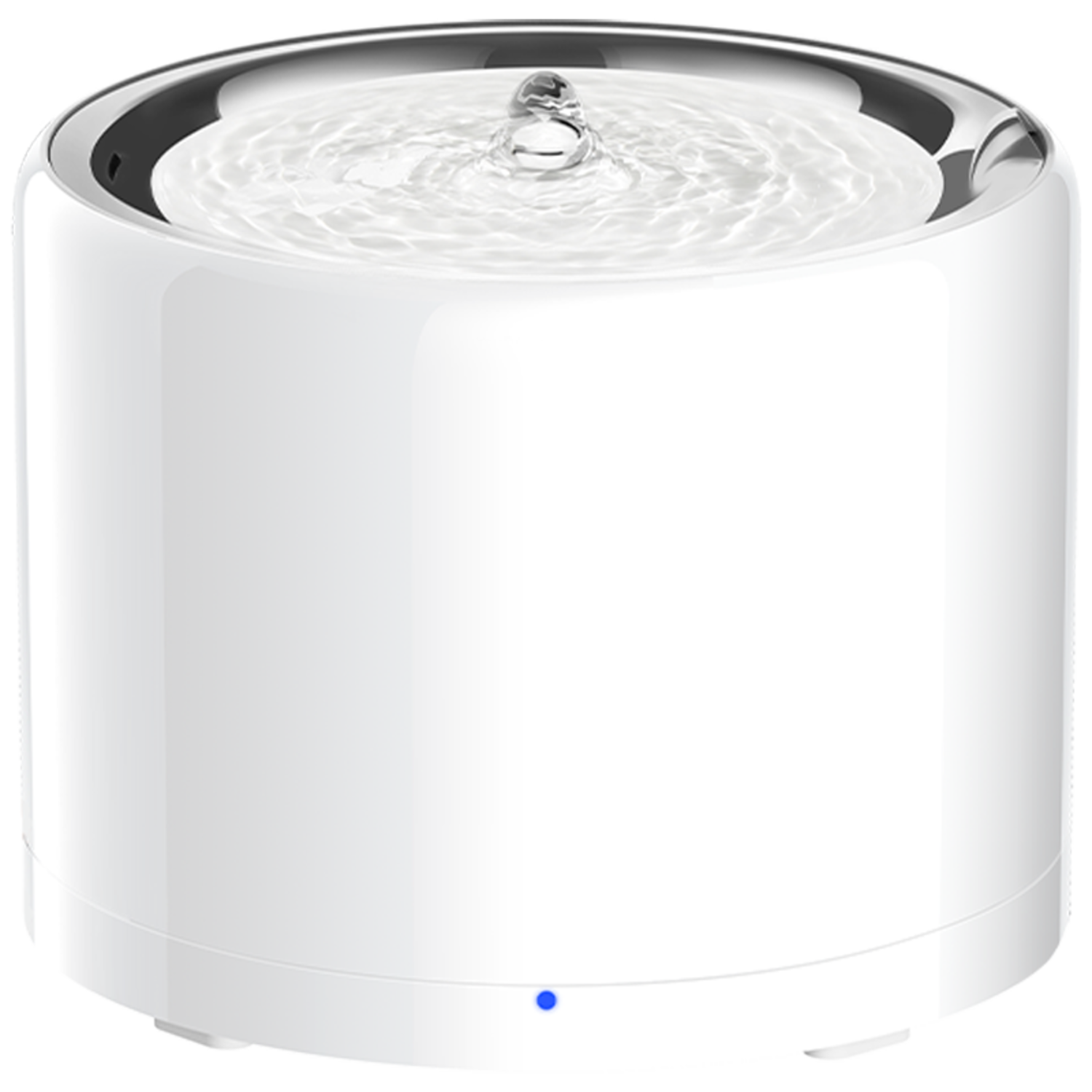 Witte drinkfontein voor huisdieren met stromend water. Blauw LED-licht aan de basis.
