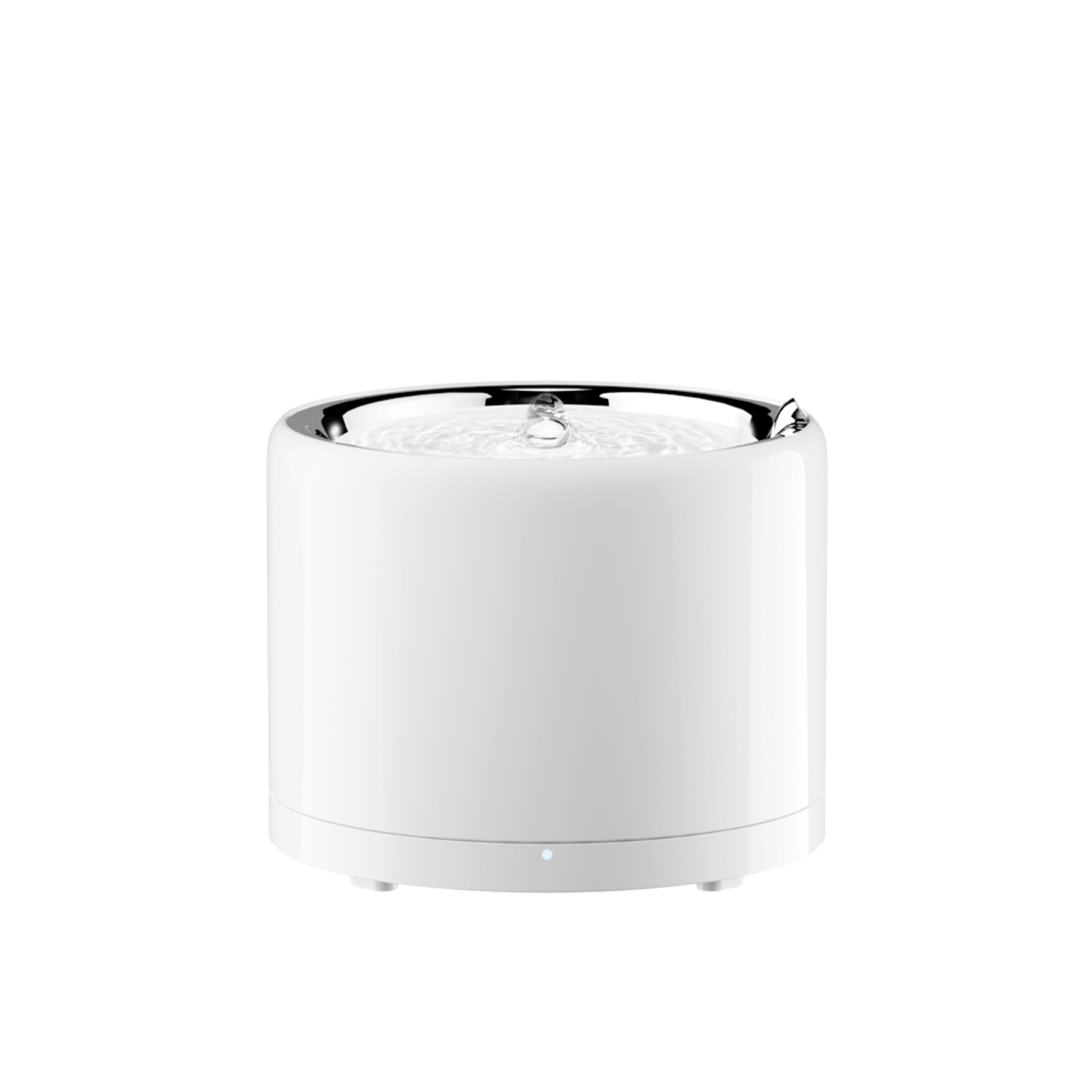 White, cylindrical pet fountain with water flowing. A small light is on at the bottom.