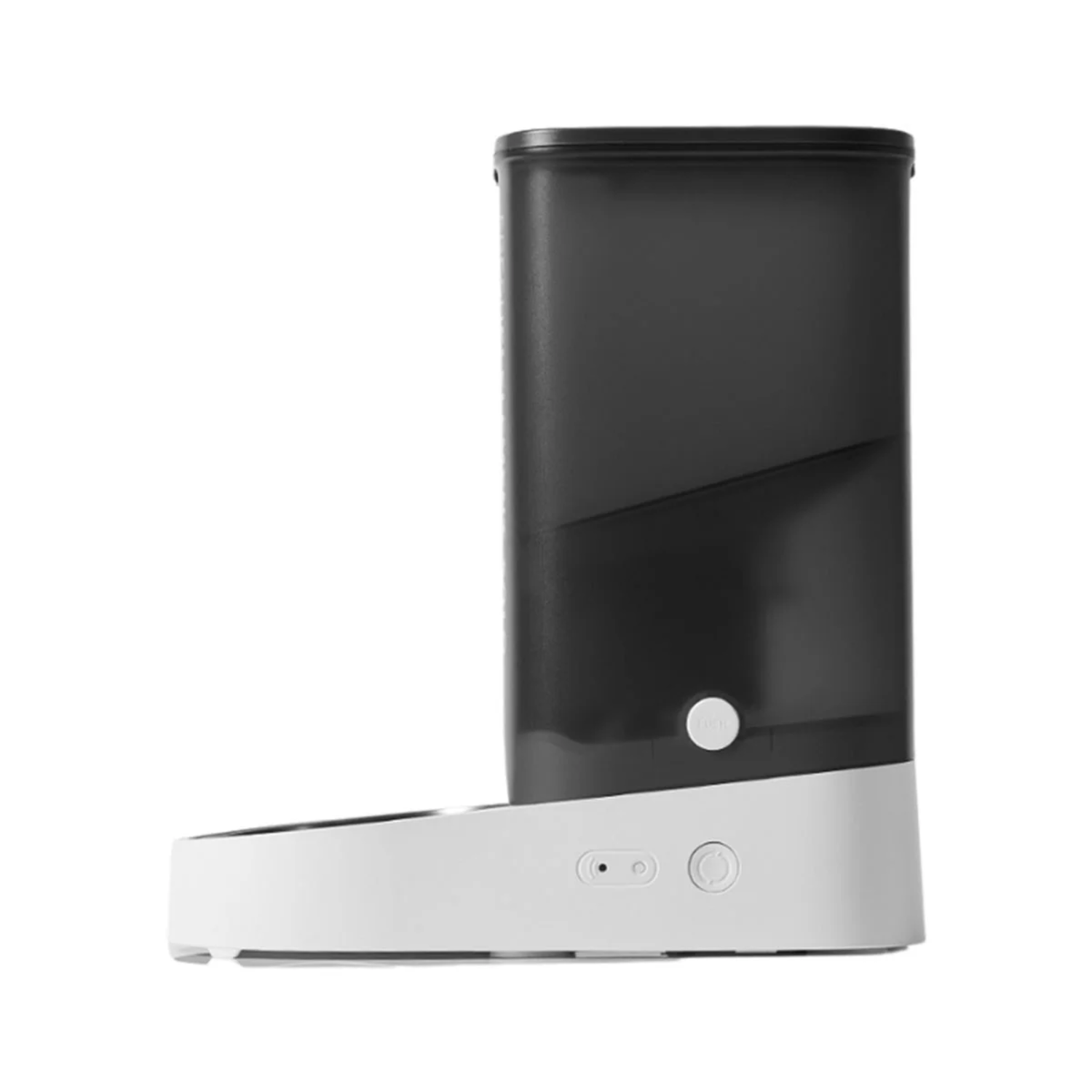 A white and black pet food dispenser with a black top and a white base.