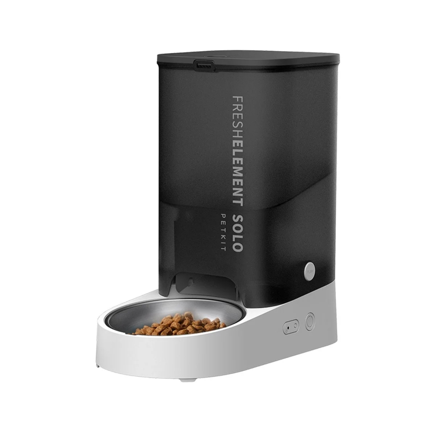 A white and black pet feeder with a food bowl. The words 'FRESHELEMENT SOLO' are displayed on the front.