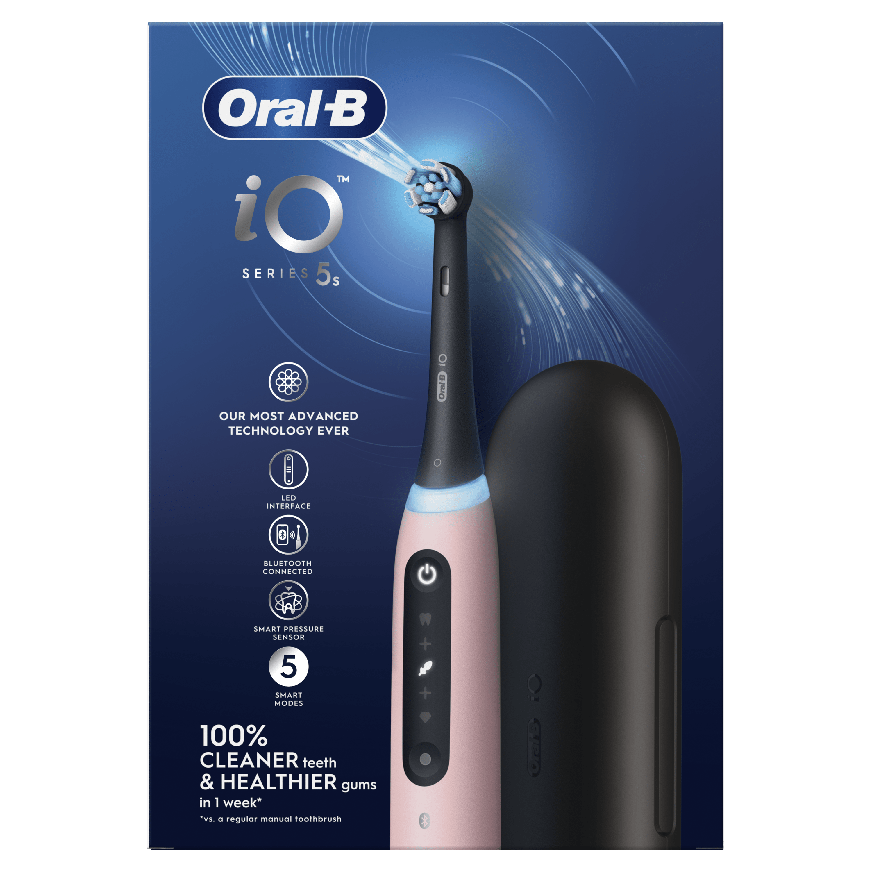Cepillo de dientes eléctrico Oral-B rosa y negro y estuche. Fondo azul oscuro.