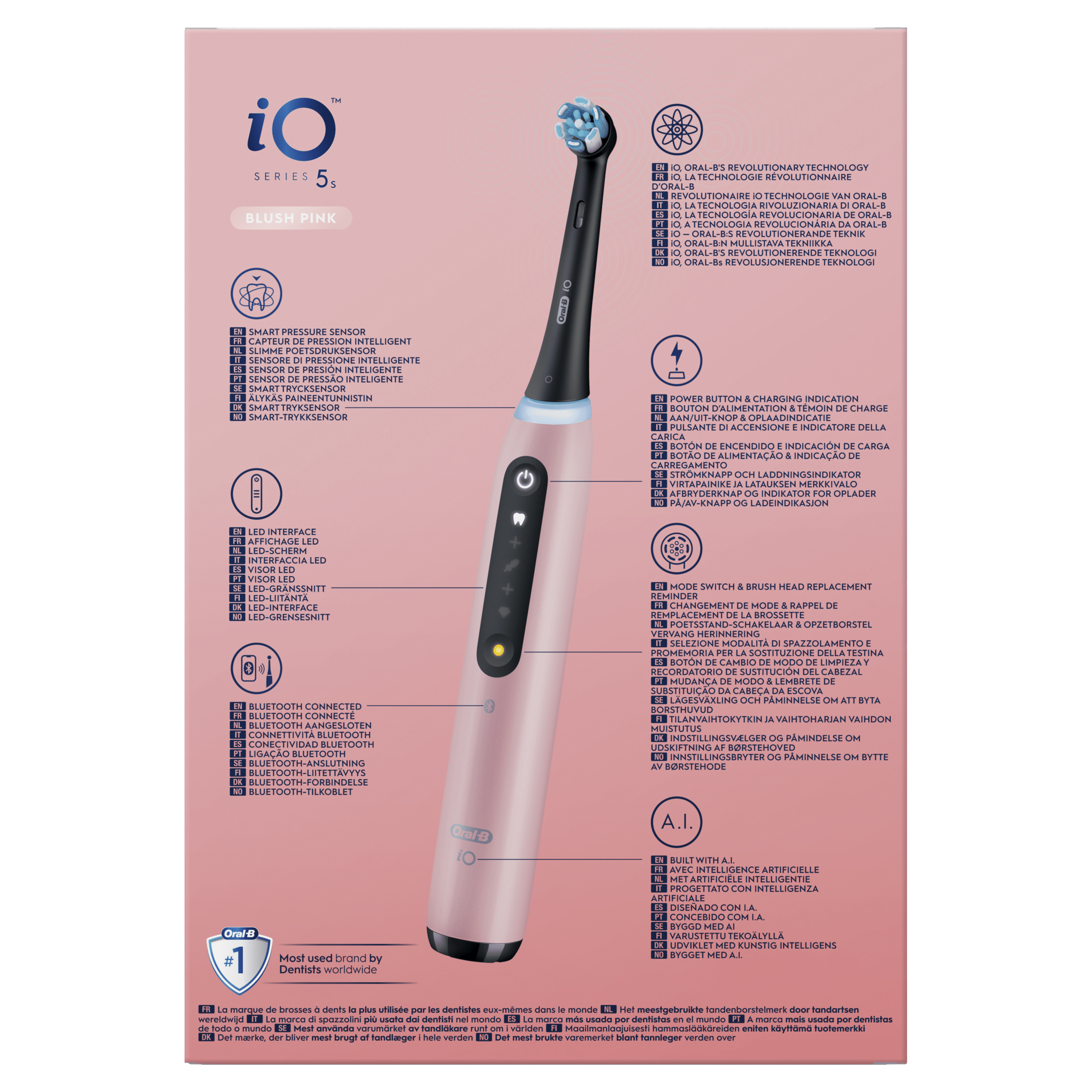 Un cepillo de dientes eléctrico rosa con múltiples funciones e iconos que se muestran en el lateral.