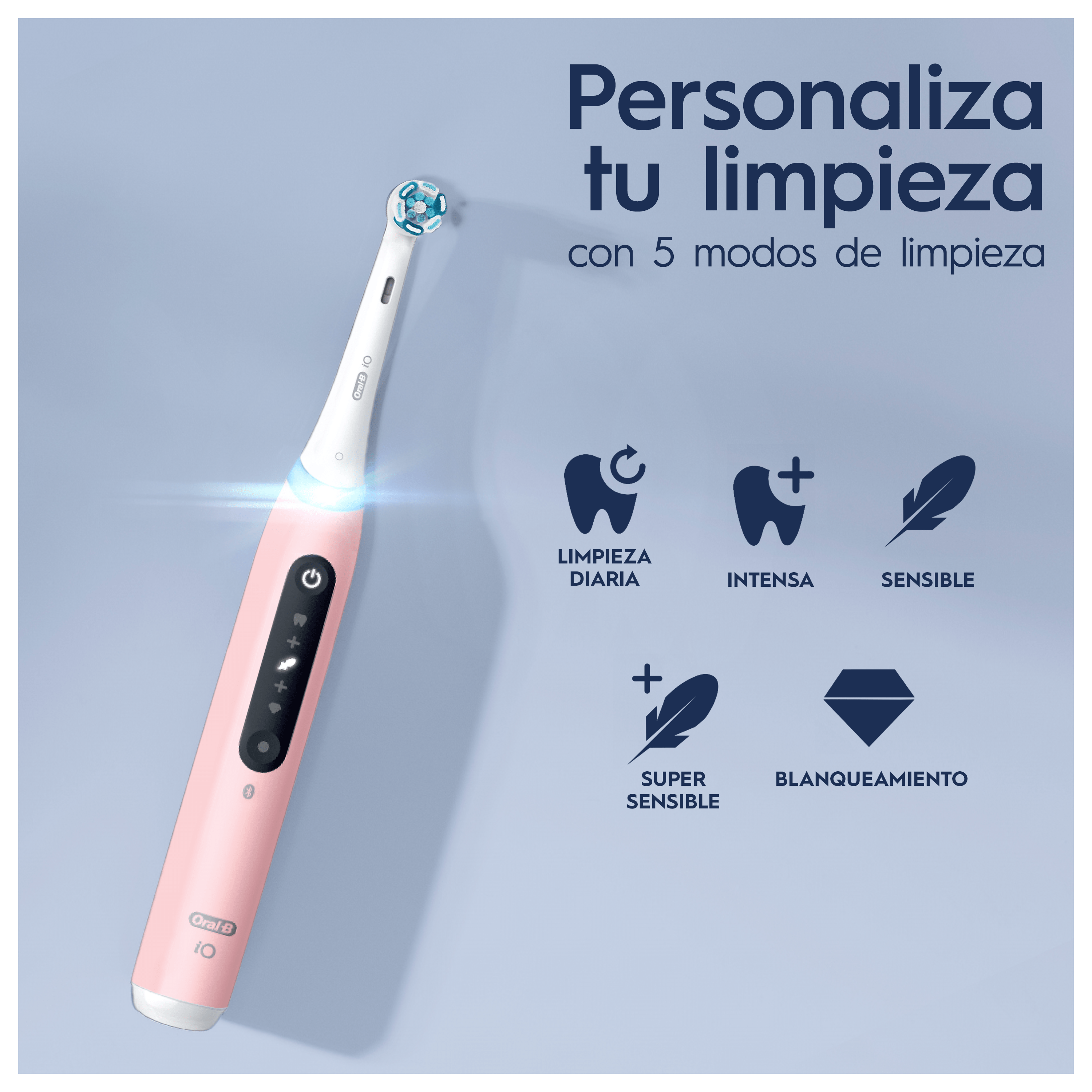 Cepillo de dientes eléctrico rosa con 5 modos de limpieza. Botón de encendido, modos.