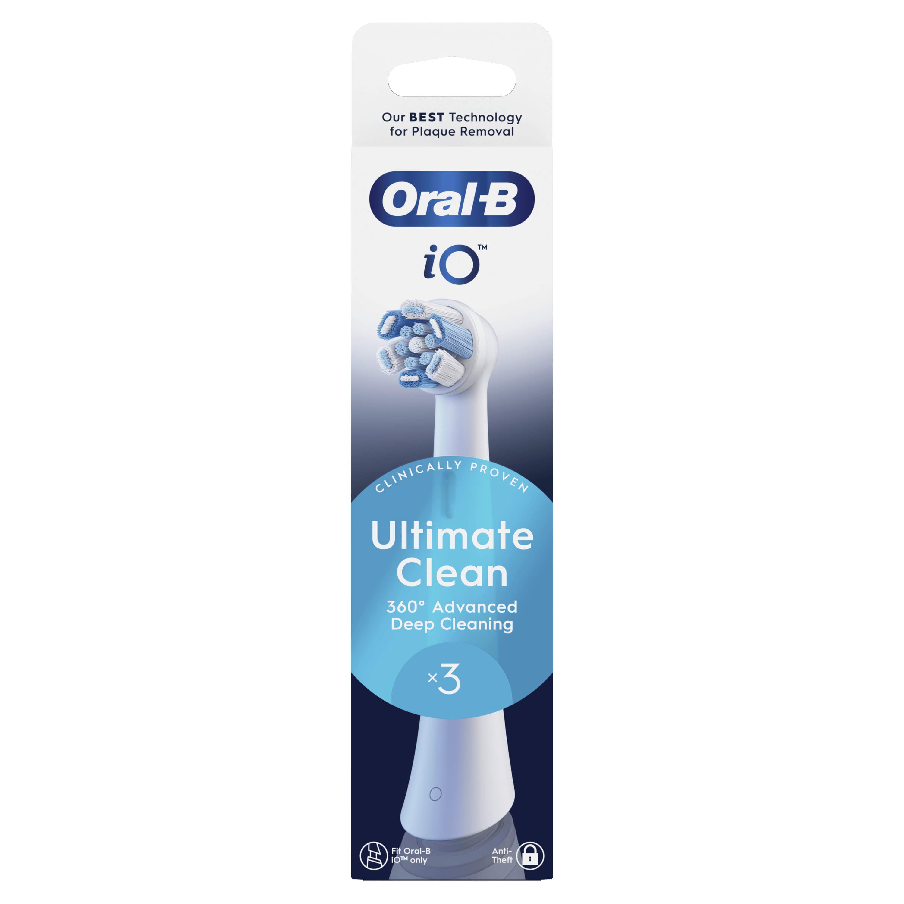 Un paquete de cabezales de cepillo de dientes Oral-B con 3 cabezales de repuesto.