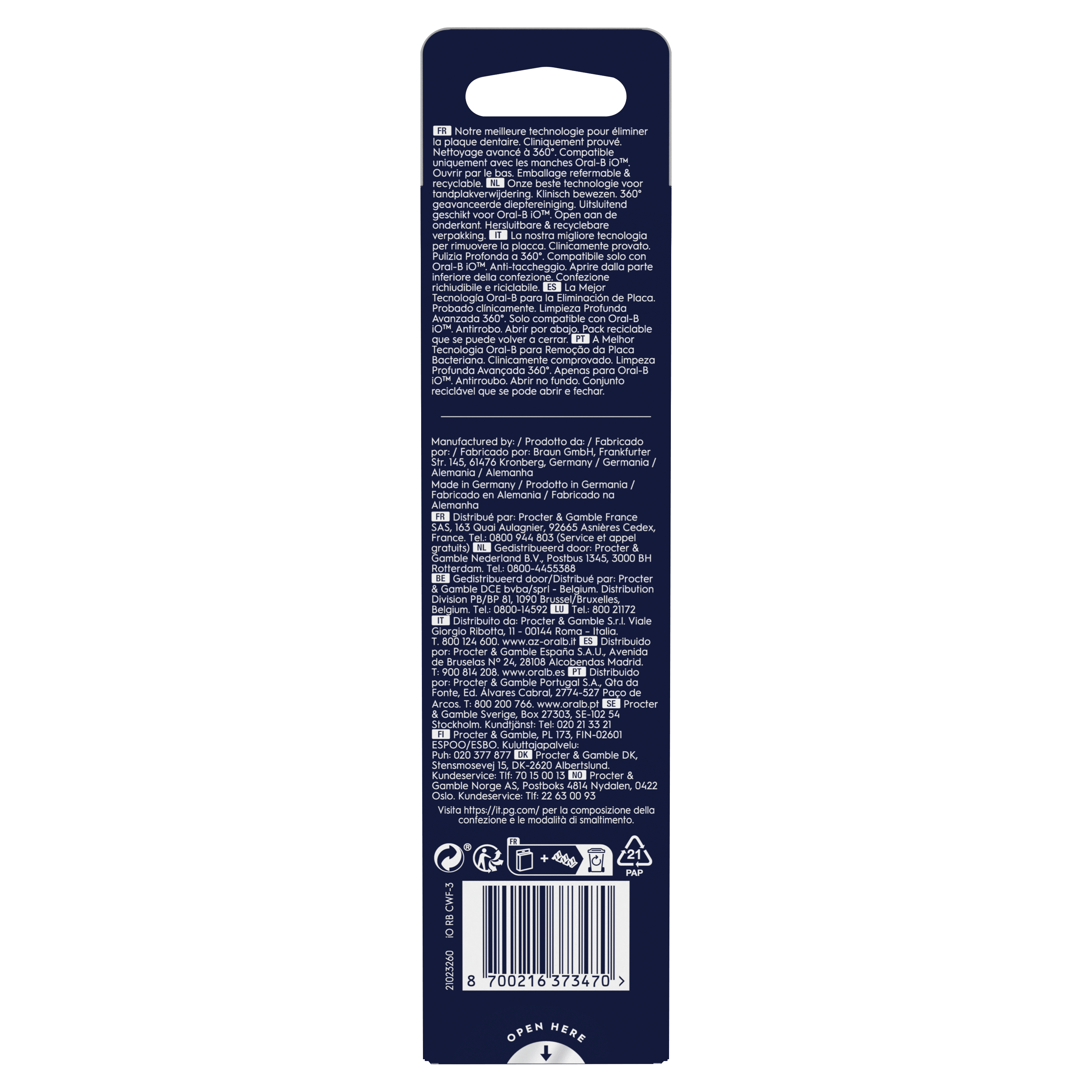 La parte trasera de la caja del cepillo de dientes Oral-B. Muestra la descripción del producto y la dirección.
