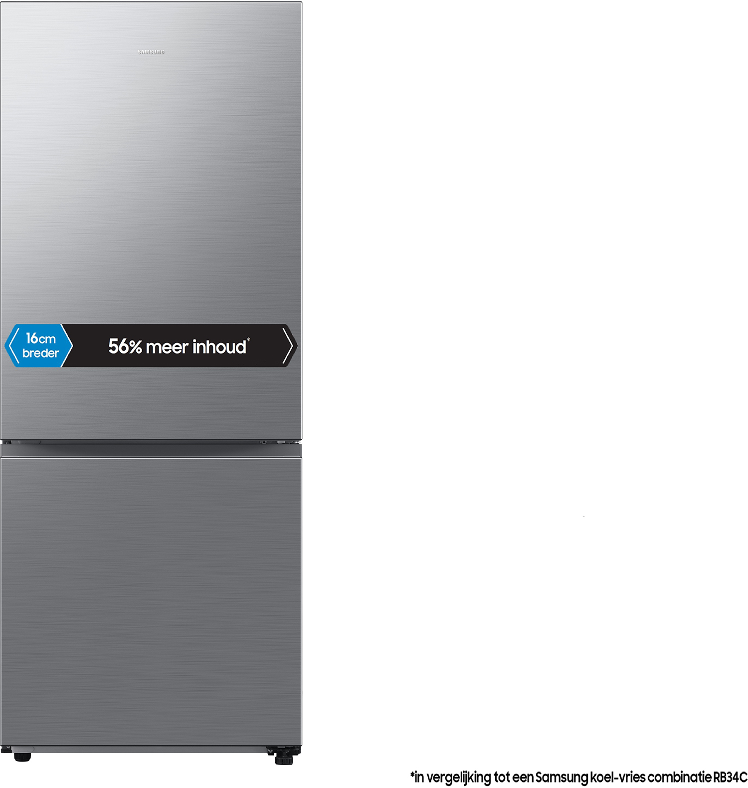 A silver refrigerator with two doors. The text 