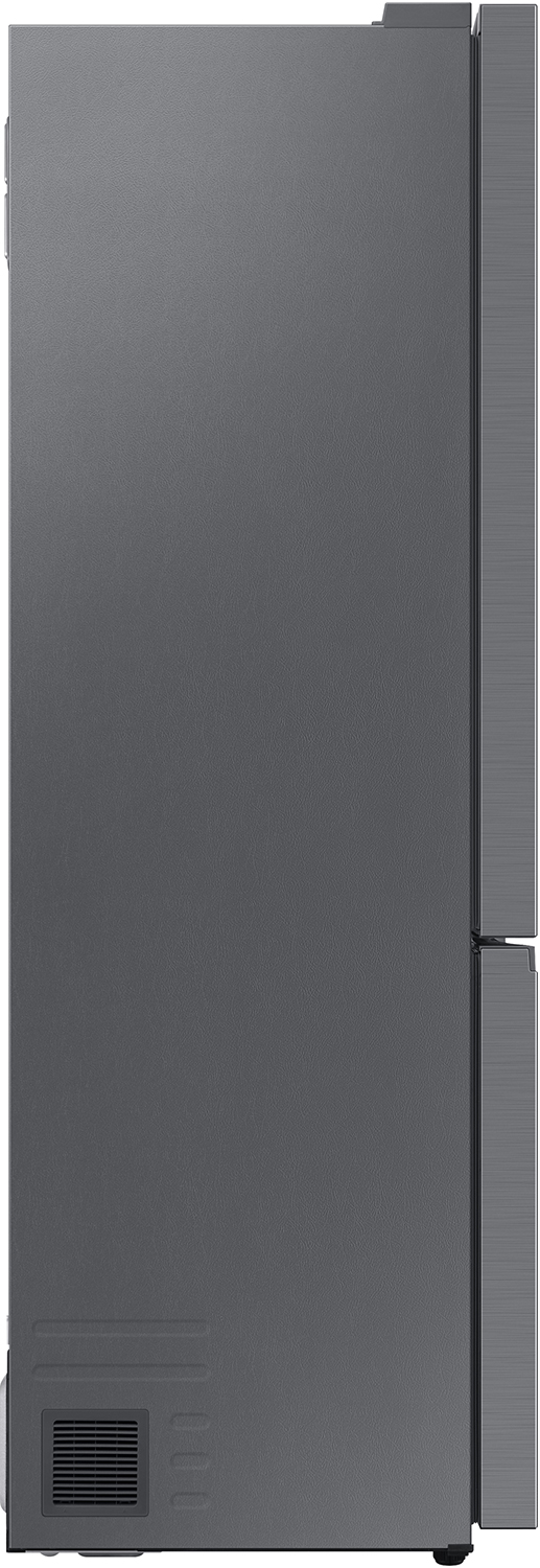 Side view of a dark gray refrigerator with a textured surface, clean lines, and a vent.
