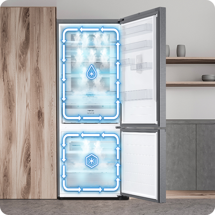 A refrigerator with the doors open. The interior is visible with shelves and air flow arrows.