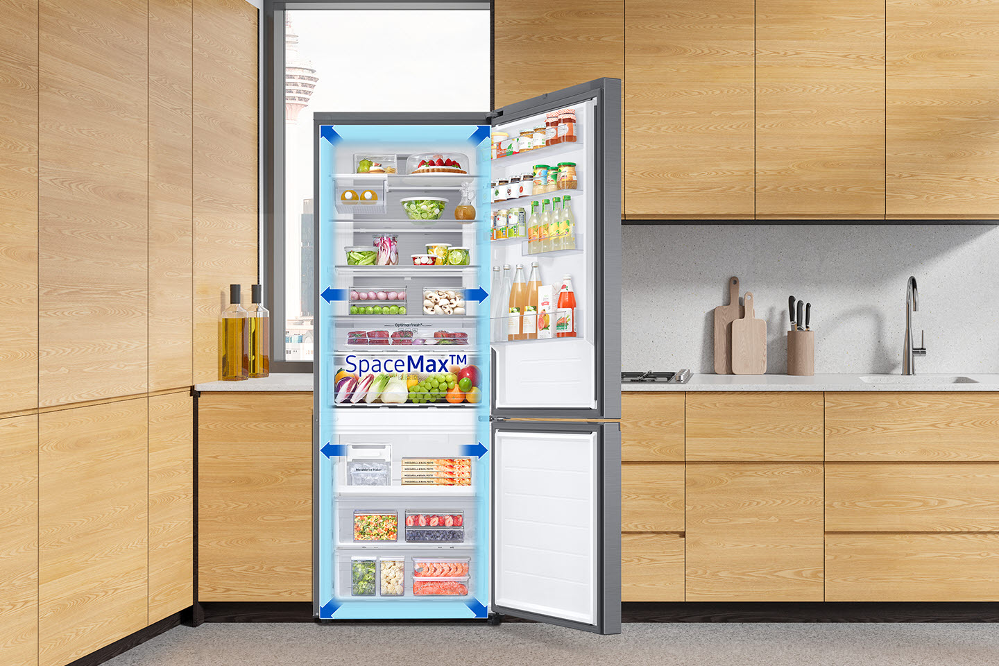 Refrigerator interior with opened door, showing organized food storage and blue lights.