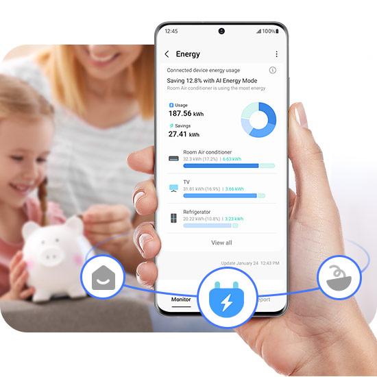 Person holding a phone displaying an energy usage app; a piggy bank is in the background.