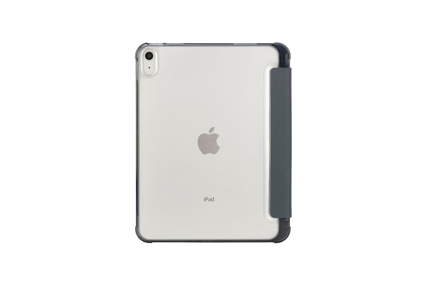 iPad in einer transparenten Hülle. Das Apple-Logo ist sichtbar. Die Hülle befindet sich auf weißem Hintergrund.