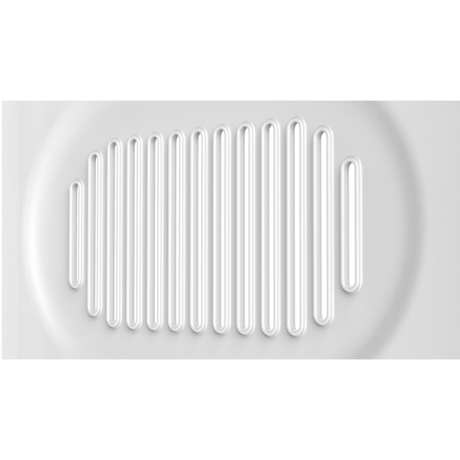 Close-up of a white speaker grille with vertical slots. The background is solid black.