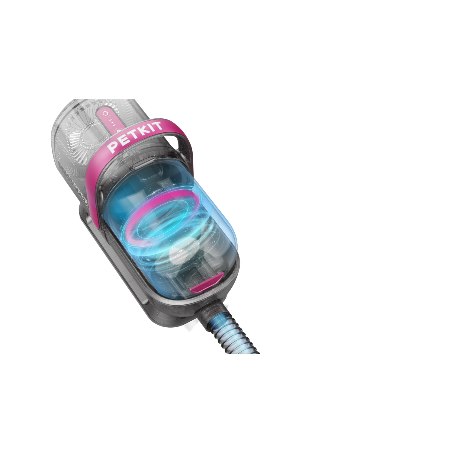 A Petkit pet grooming tool with a rotating, transparent container and pink accents.