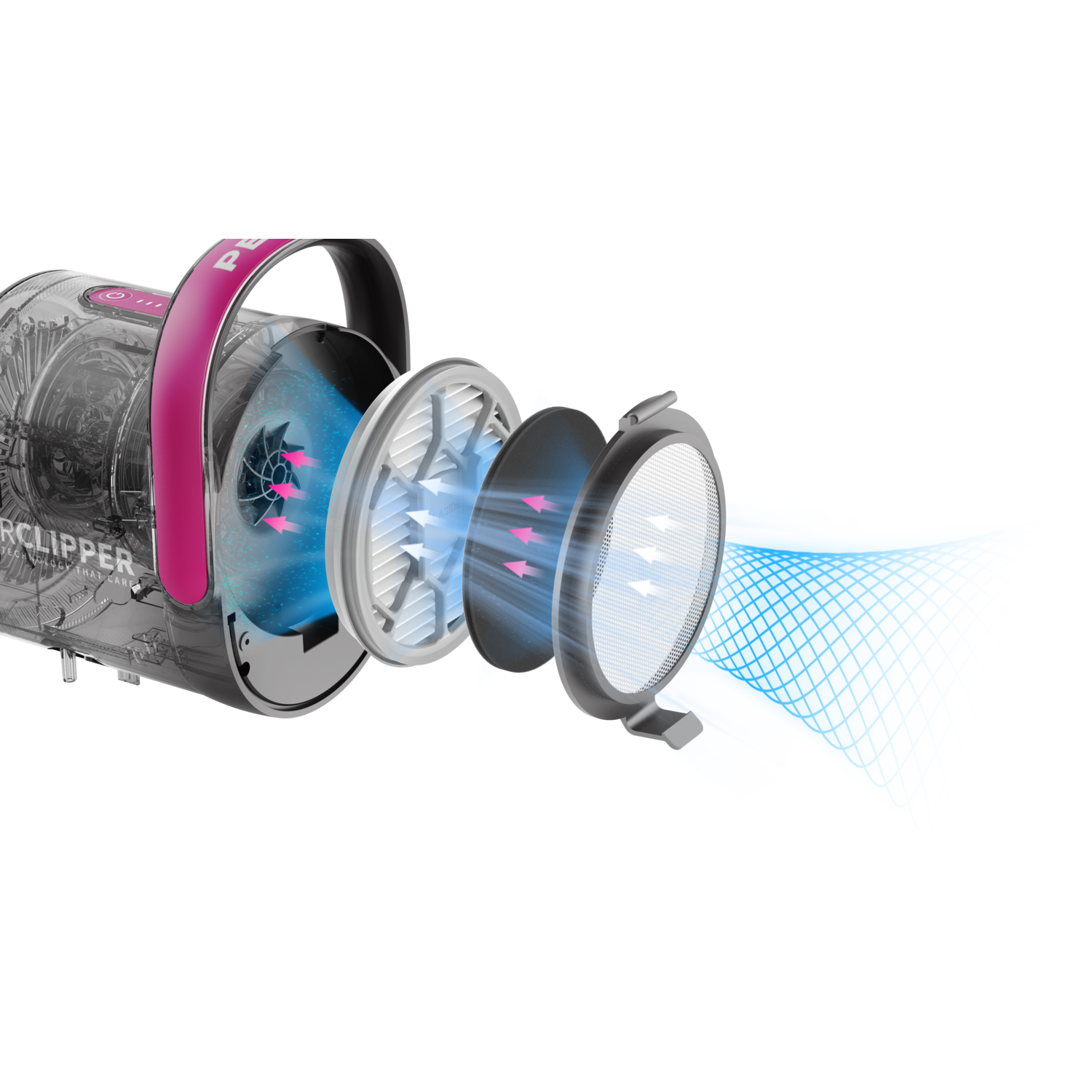 An exploded view of a hair clipper with colored airflow.