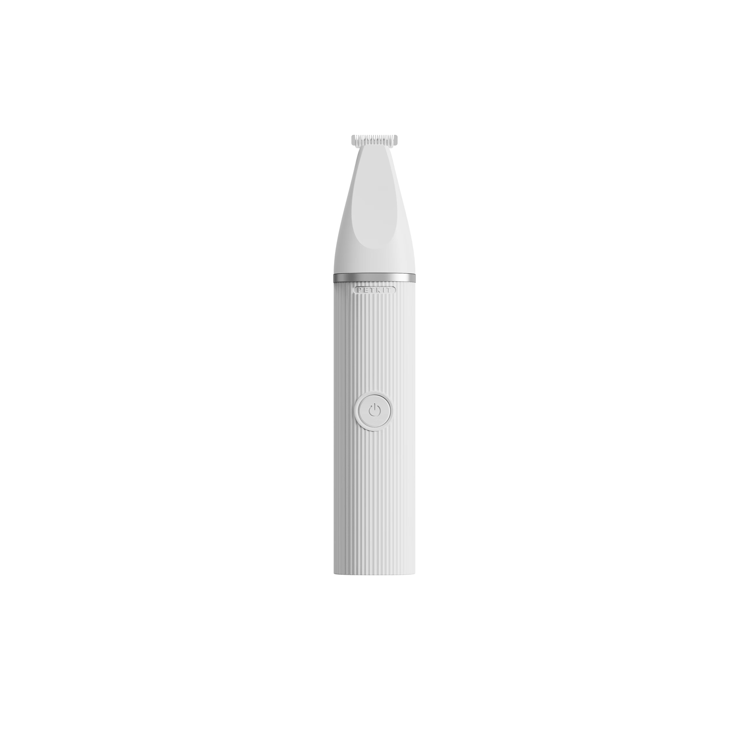 A white pet grooming trimmer with a power button, angled blade, and a metallic accent.