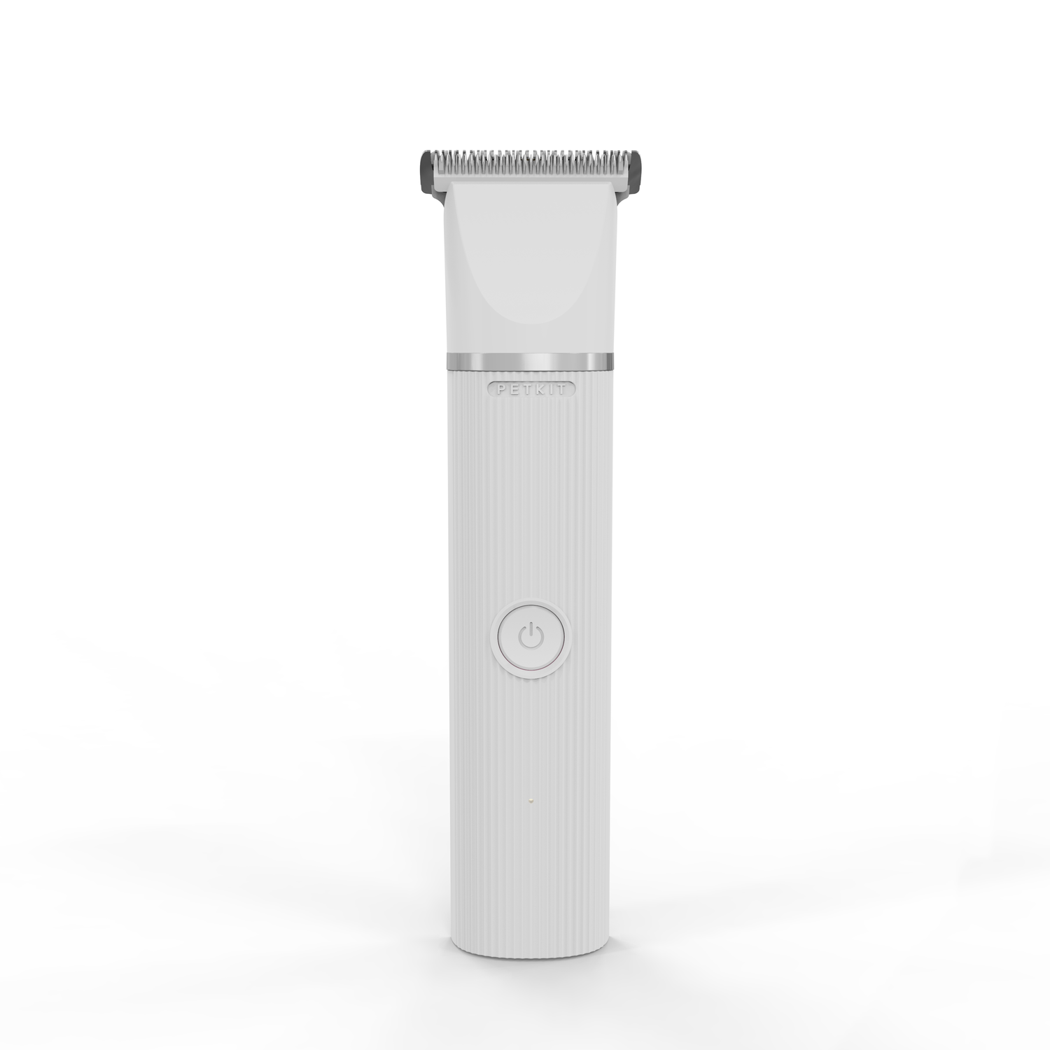 White pet hair trimmer on a white background; it has a power button.