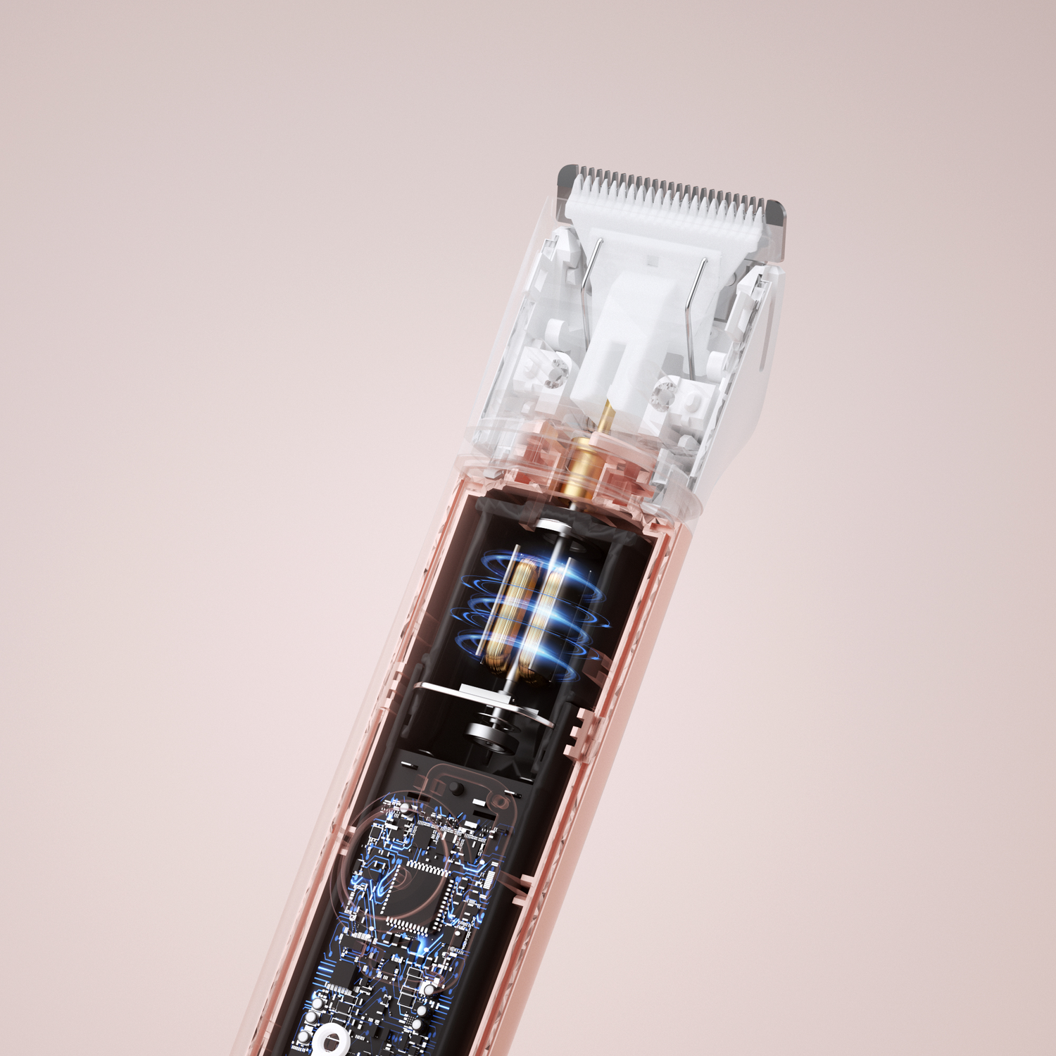 De binnenkant van een elektrische trimmer. De interne componenten zijn zichtbaar en verlicht.
