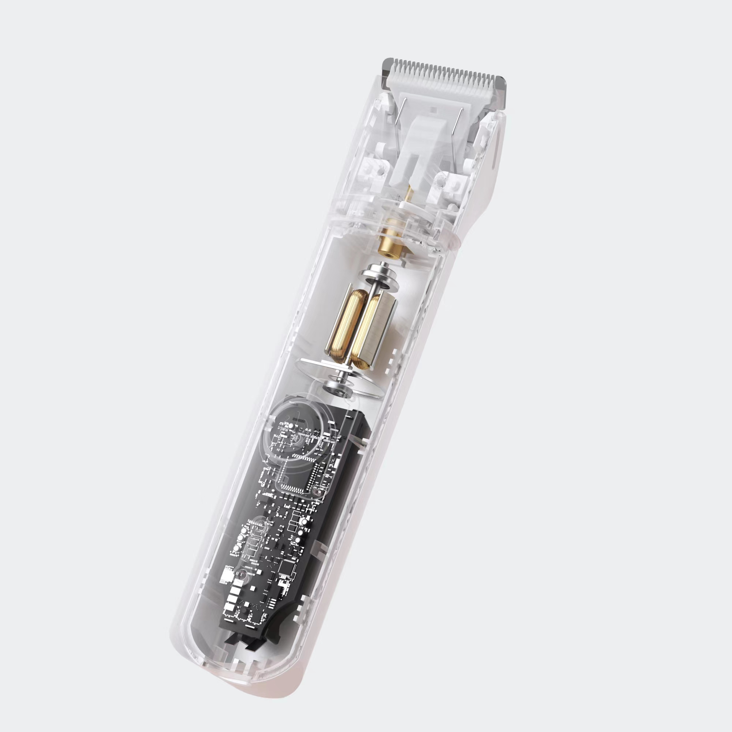 Clear electric hair clipper's internal mechanism. Shows motor, circuit board, and blade mechanism.