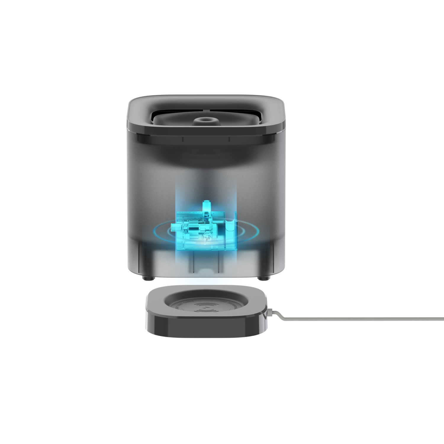 Een grijze en zwarte drinkfontein voor huisdieren met een blauw licht dat de binnenkant verlicht.