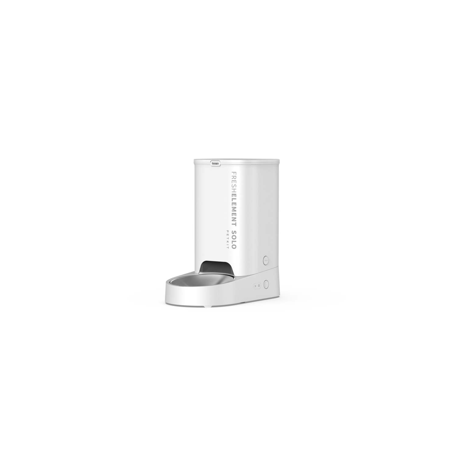 White pet food dispenser. It has a rectangular shape with the words 'FRESH ELEMENT SOLO' on it.